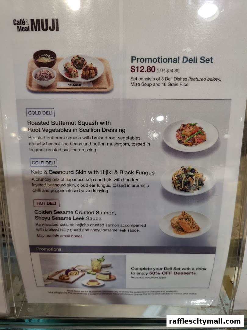 A menu from CafeMeal MUJI featuring a promotional deli set and various cold and hot deli dishes.