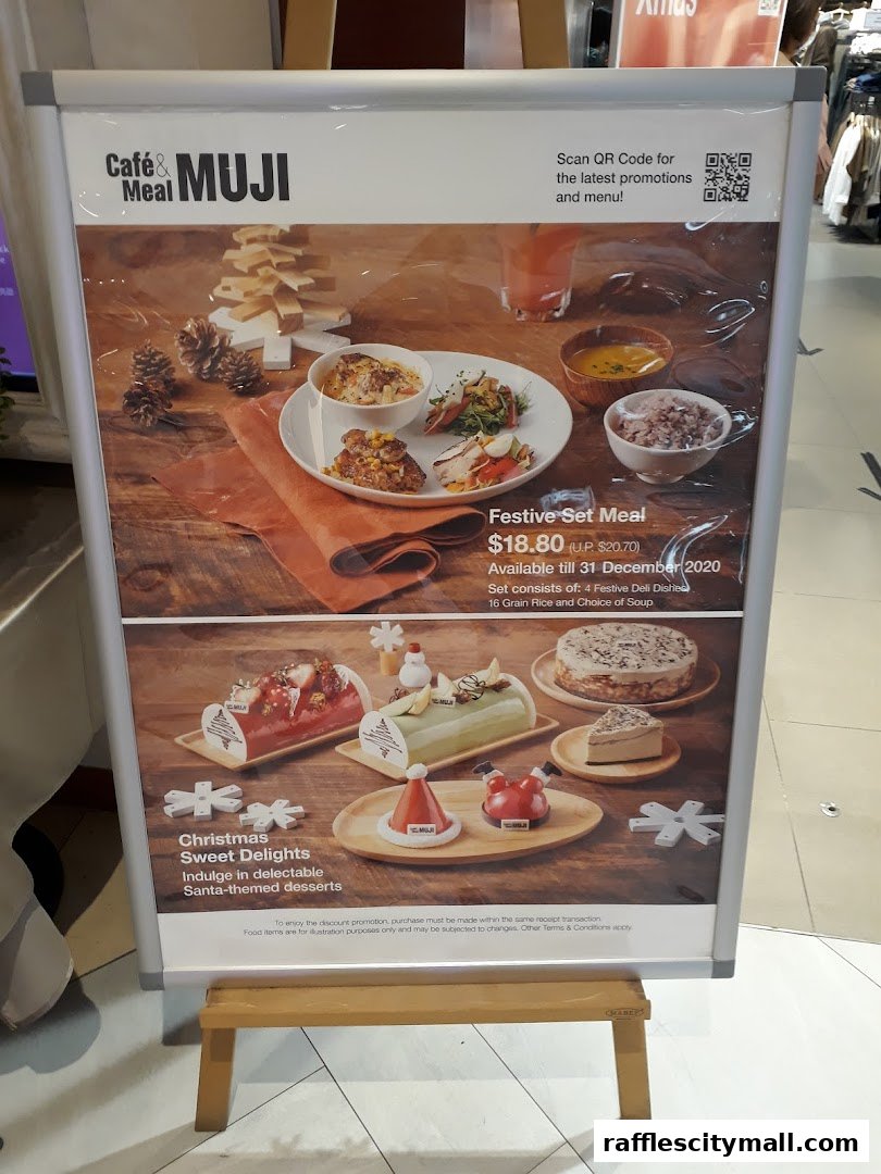 A promotional poster for Cafe MUJI featuring a festive set meal and Christmas desserts.