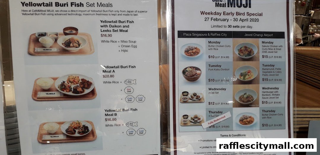 A menu board showcasing Yellowtail Buri Fish set meals and weekday early bird specials.