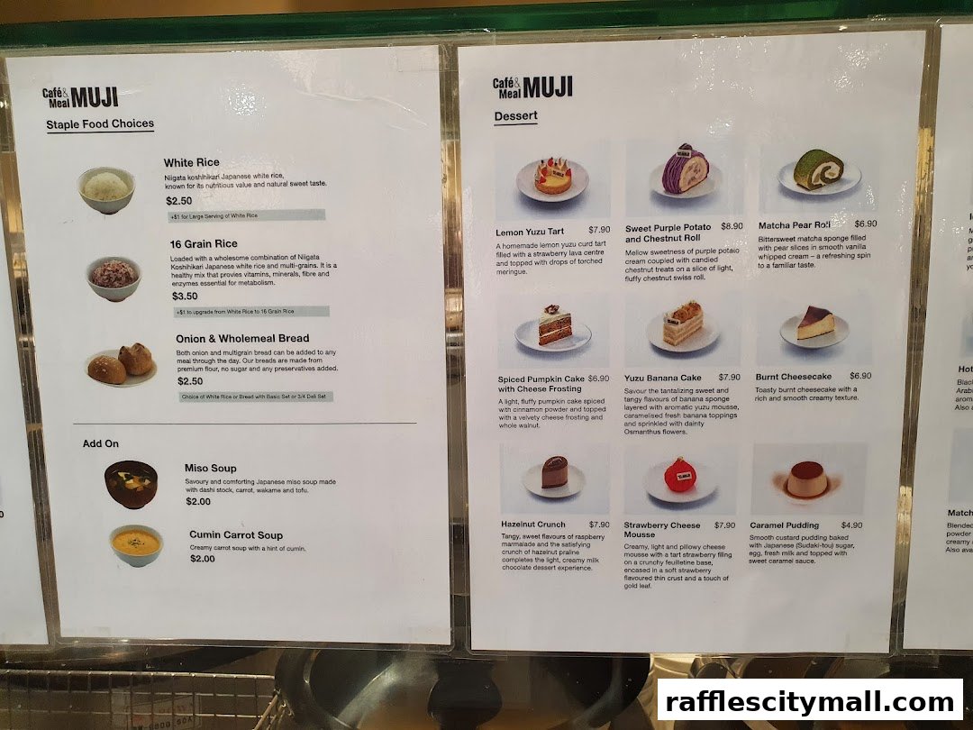 A menu from Cafe MUJI featuring staple food choices and desserts with prices.