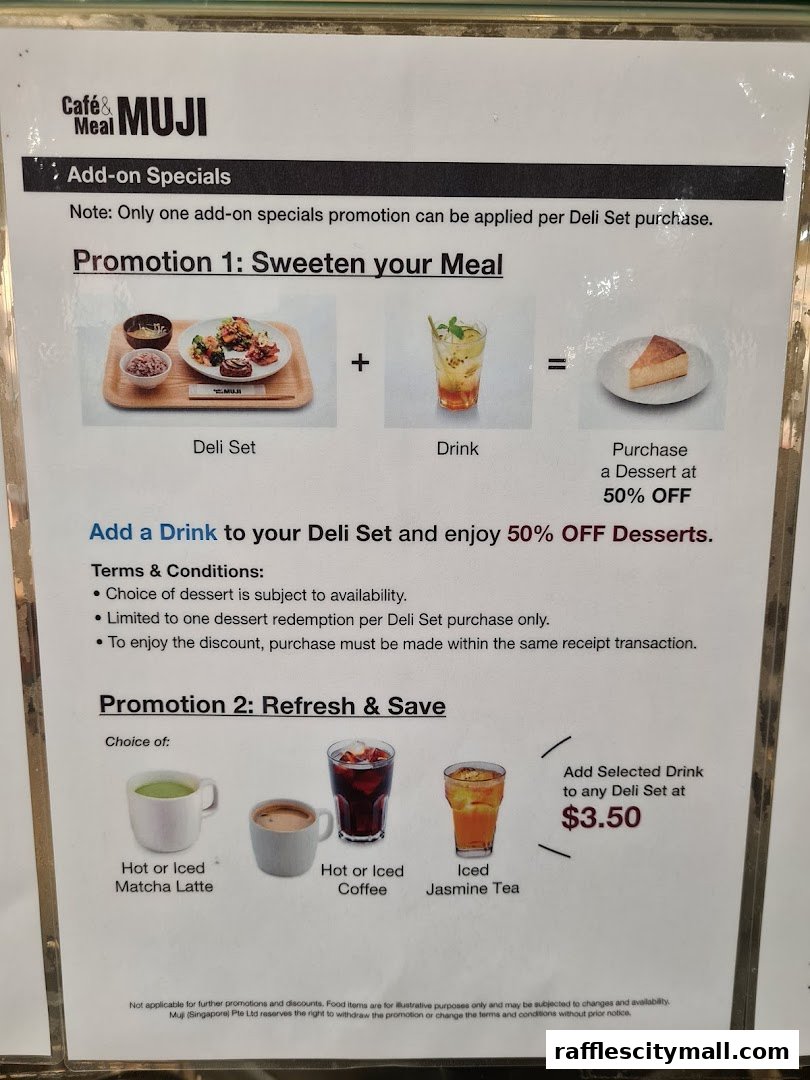 A promotional menu for Cafe MUJI featuring two special offers on deli sets and drinks.