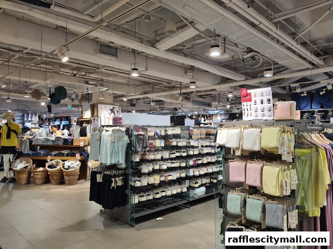 Interior view of a MUJI store showcasing clothing, accessories, and home goods.