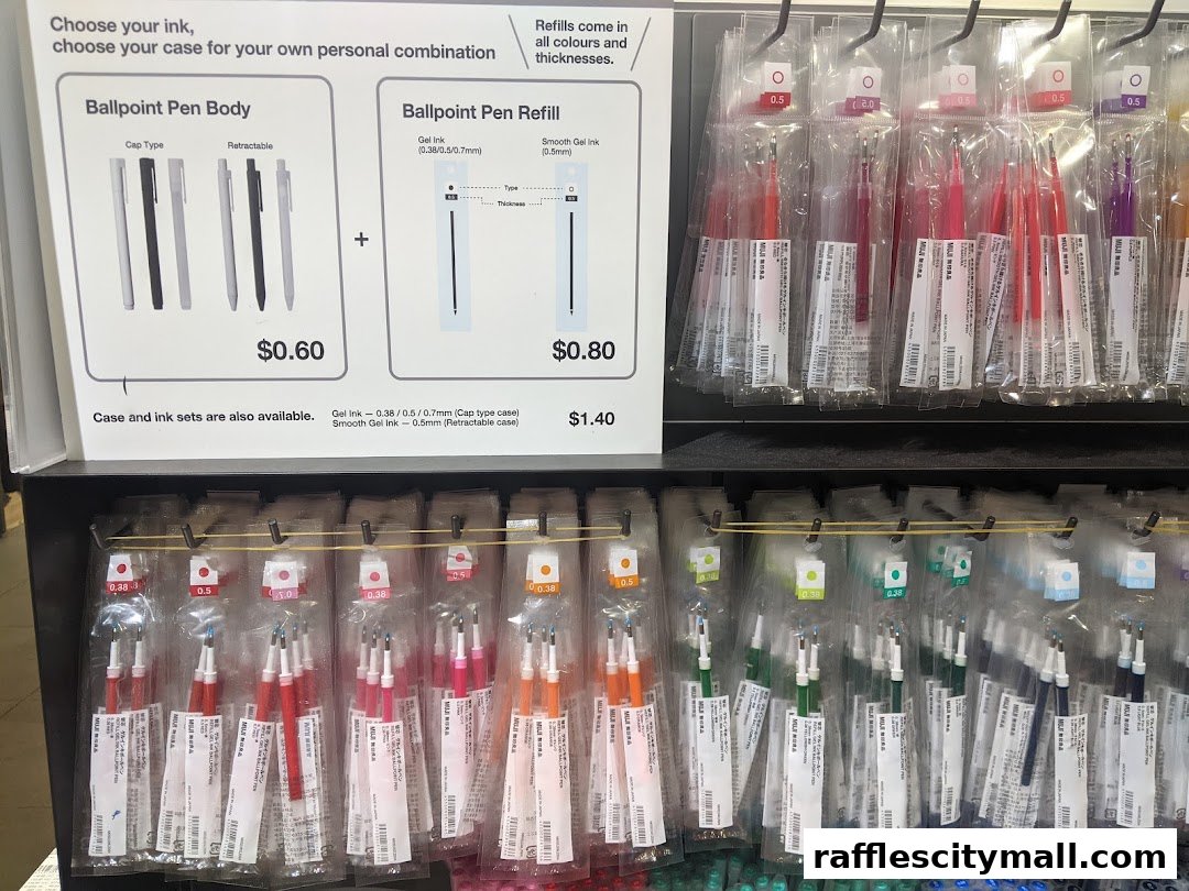 Display of MUJI ballpoint pen bodies and refills in various colors and thicknesses.