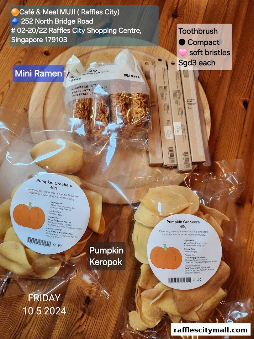 A collection of MUJI food items including mini ramen, pumpkin crackers, and toothbrushes.