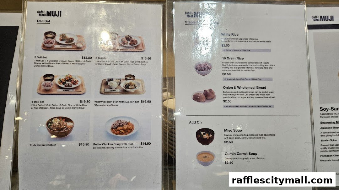 A menu from Cafe Meal MUJI featuring deli sets, rice dishes, and add-on soups.