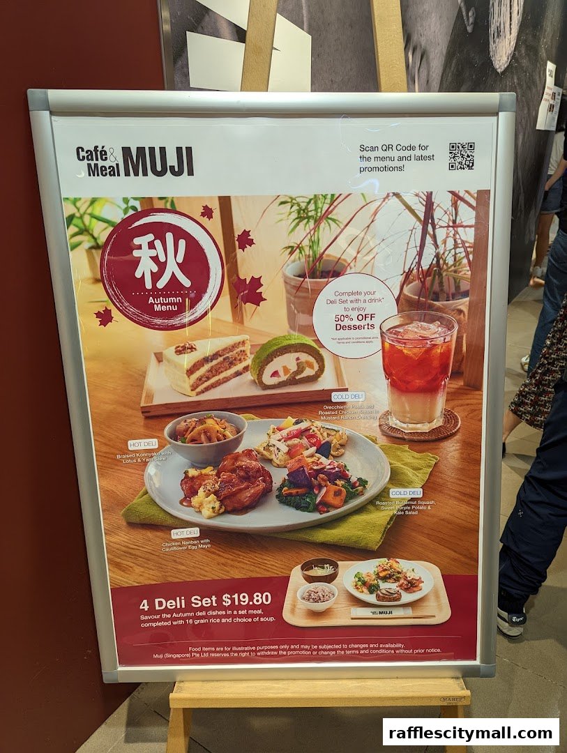 A promotional poster for Cafe MUJI's Autumn Menu, featuring deli sets and desserts.