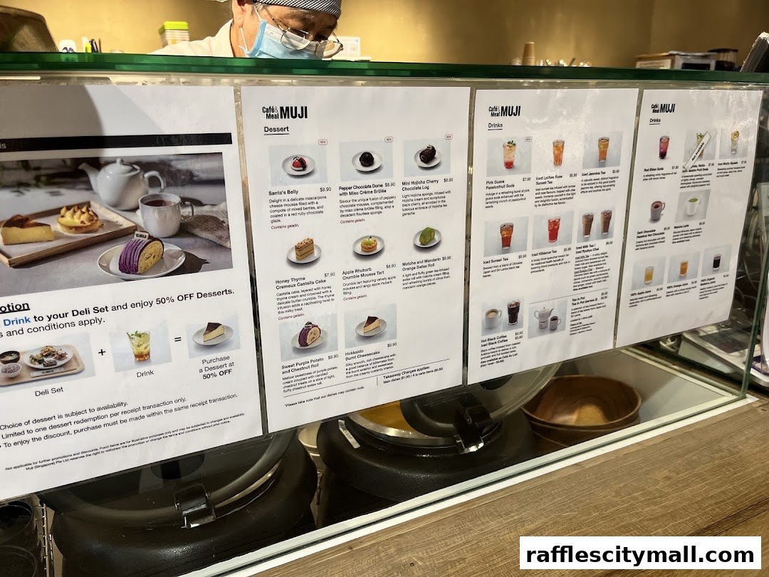 A menu display for Cafe MUJI featuring desserts and drinks, with a special offer for desserts.