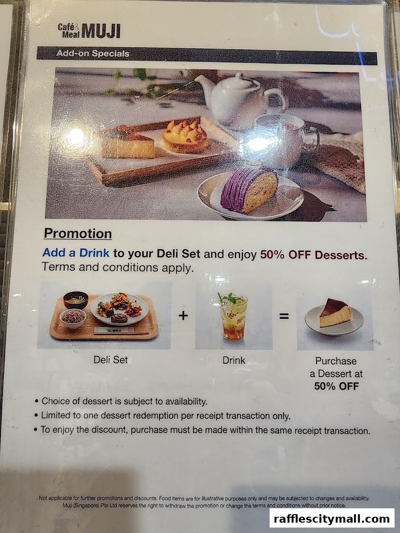 A promotion for CaféMeal MUJI offering 50% off desserts with a deli set and drink purchase.