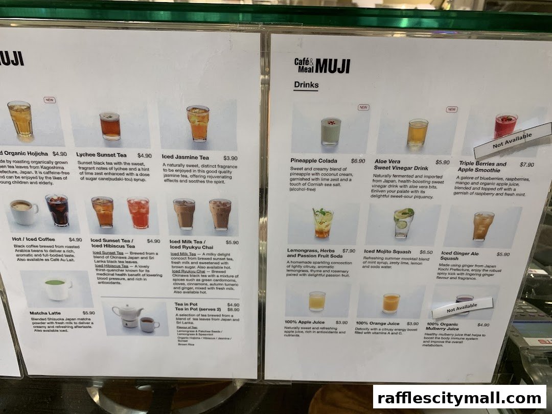 A menu board displaying various drinks offered at Cafe MUJI, including teas, coffees, and juices.