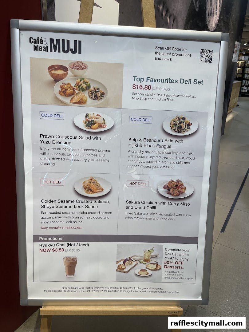 A menu board for CafeMeal MUJI featuring their Top Favourites Deli Set and promotions.