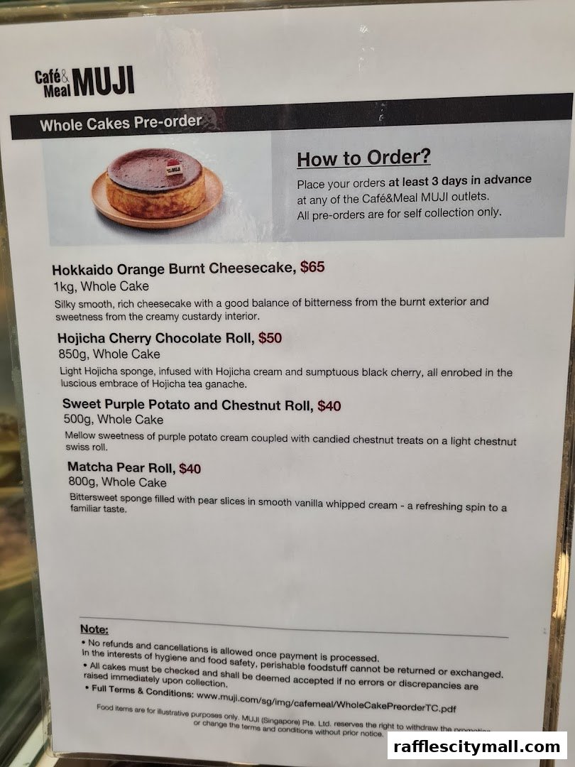 A menu for whole cakes pre-order from Cafe&Meal MUJI, featuring cheesecakes and rolls.