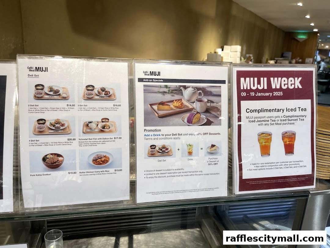 A display of deli sets and promotions at Cafe Meal MUJI Raffles City.