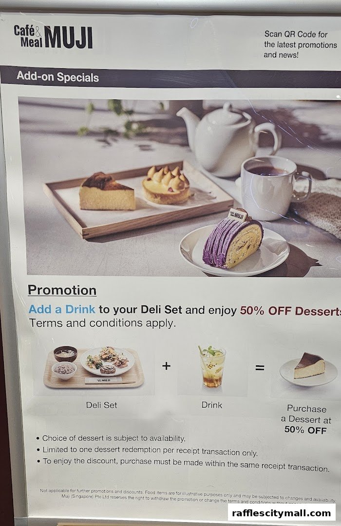 A promotional poster for CafeMeal MUJI offering 50% off desserts with a deli set and drink purchase.