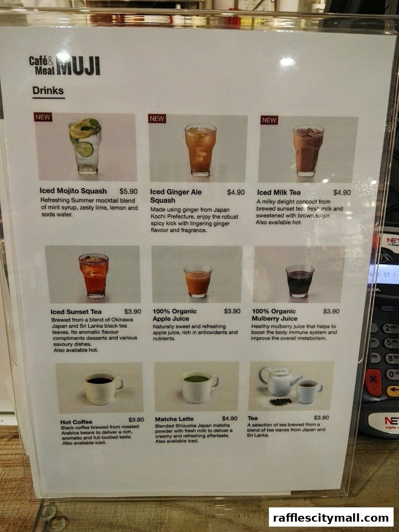 A menu board displaying various drinks offered at Cafe MUJI, including iced teas, juices, coffee, and matcha latte.