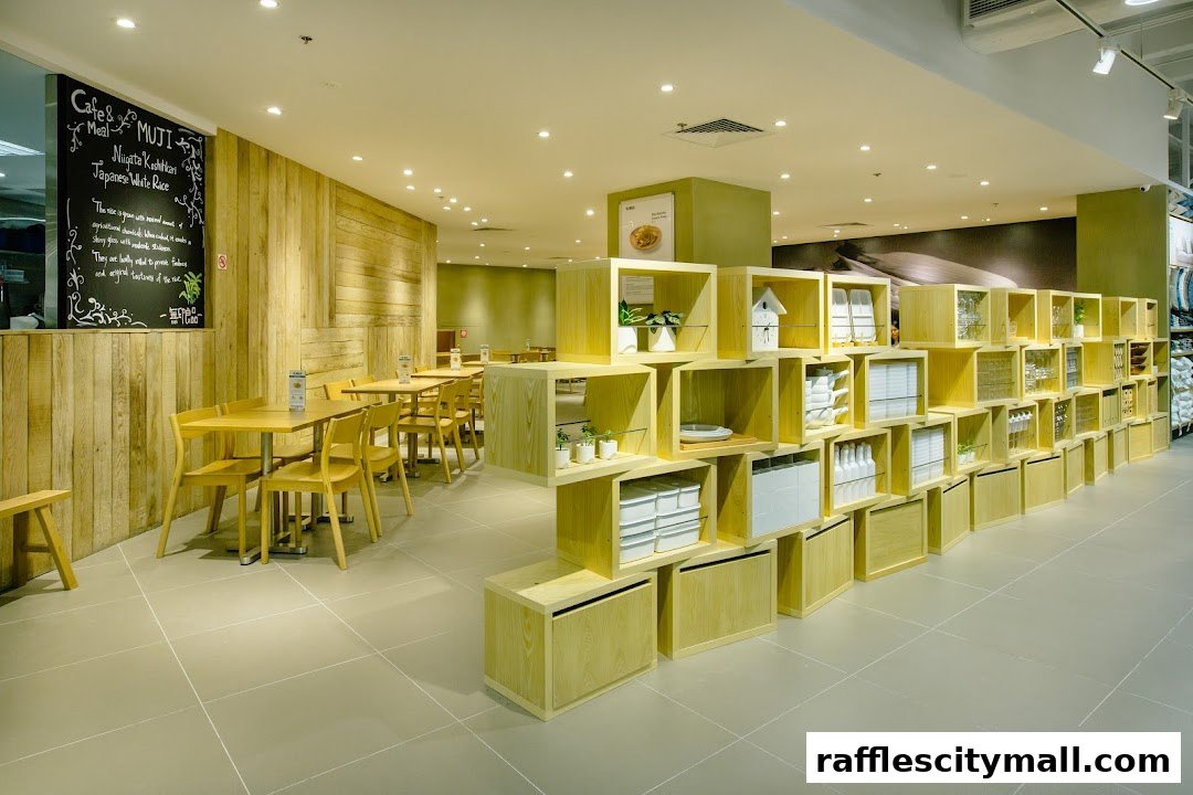 Interior of a cafe with wooden tables, chairs, and display shelves filled with products.