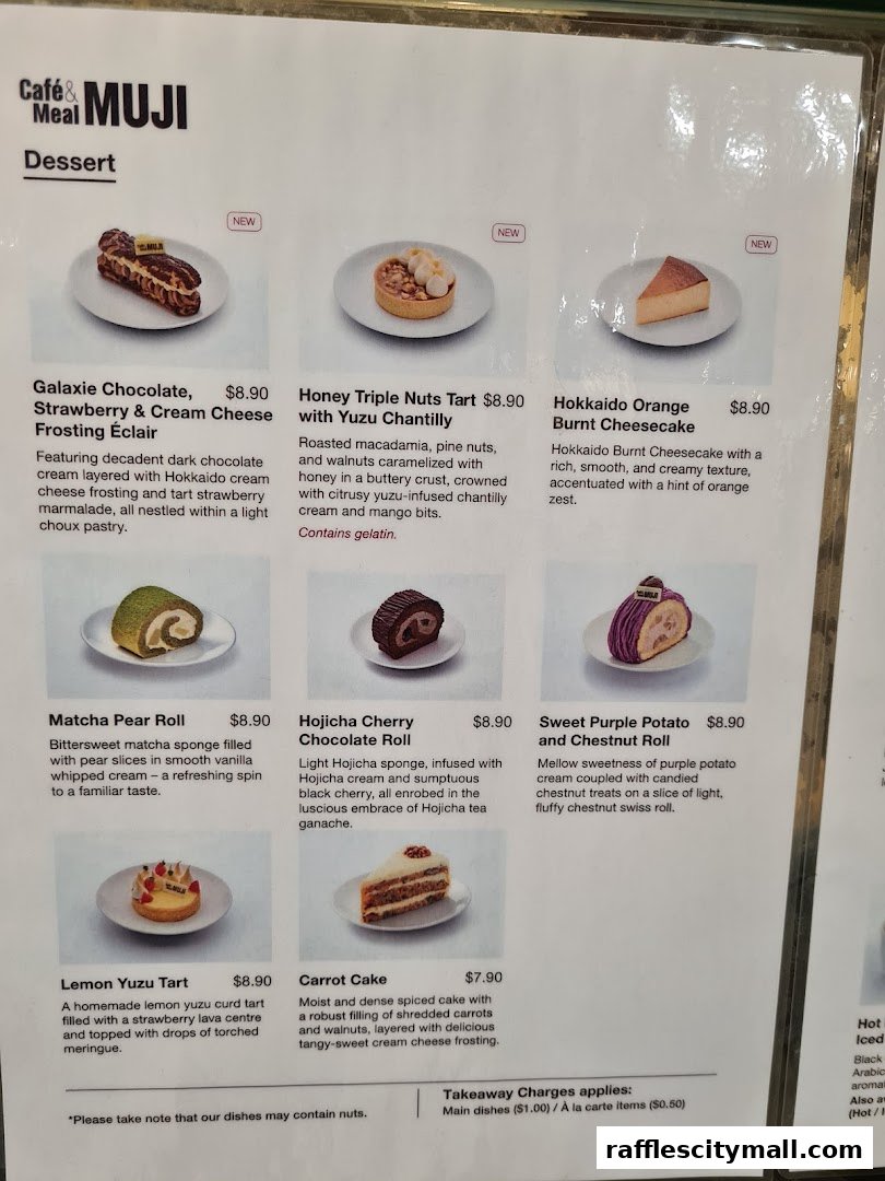 A menu showcasing various desserts from CafeMeal MUJI, including éclairs, tarts, cheesecakes, and rolls.