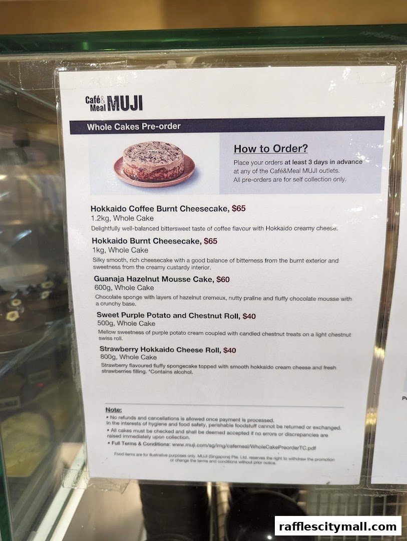 A menu for whole cakes pre-order from Cafe&Meal MUJI, featuring various cheesecakes and rolls.