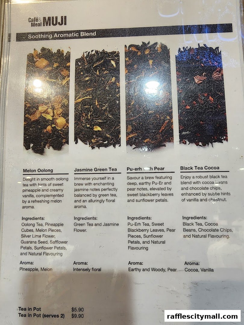 A menu showcasing four different aromatic tea blends with descriptions and ingredients.