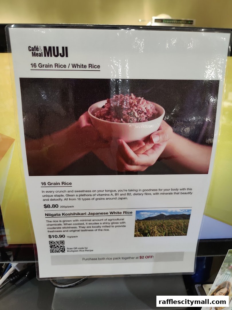 A menu display for MUJI Cafe featuring two types of rice with descriptions and prices.