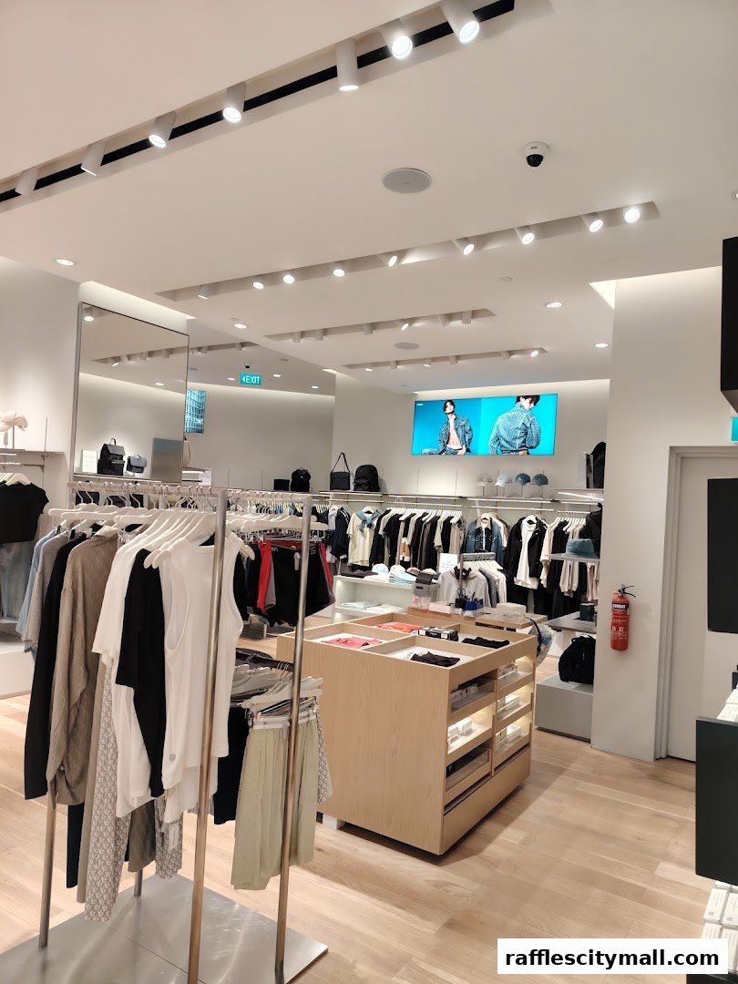 Interior view of a modern Calvin Klein store with clothing displays and a digital screen.