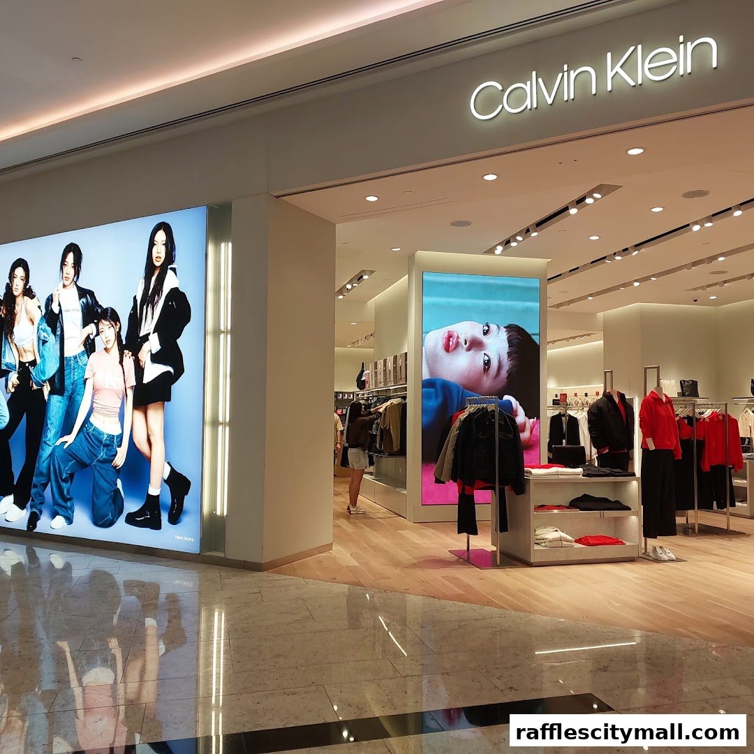 The Calvin Klein store entrance features large illuminated displays with fashion models and clothing racks.