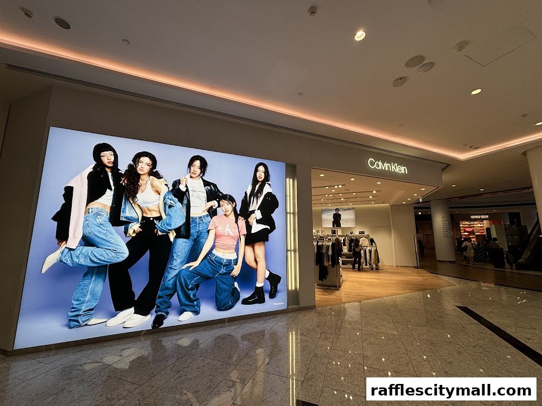 The Calvin Klein store entrance features a large illuminated advertisement with models wearing denim.