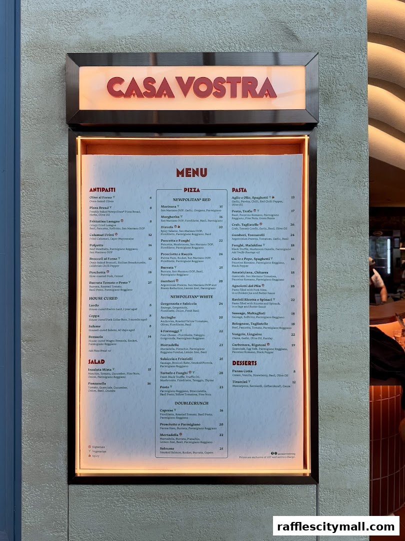 A menu board for Casa Vostra restaurant, displaying antipasti, pizza, pasta, and desserts.