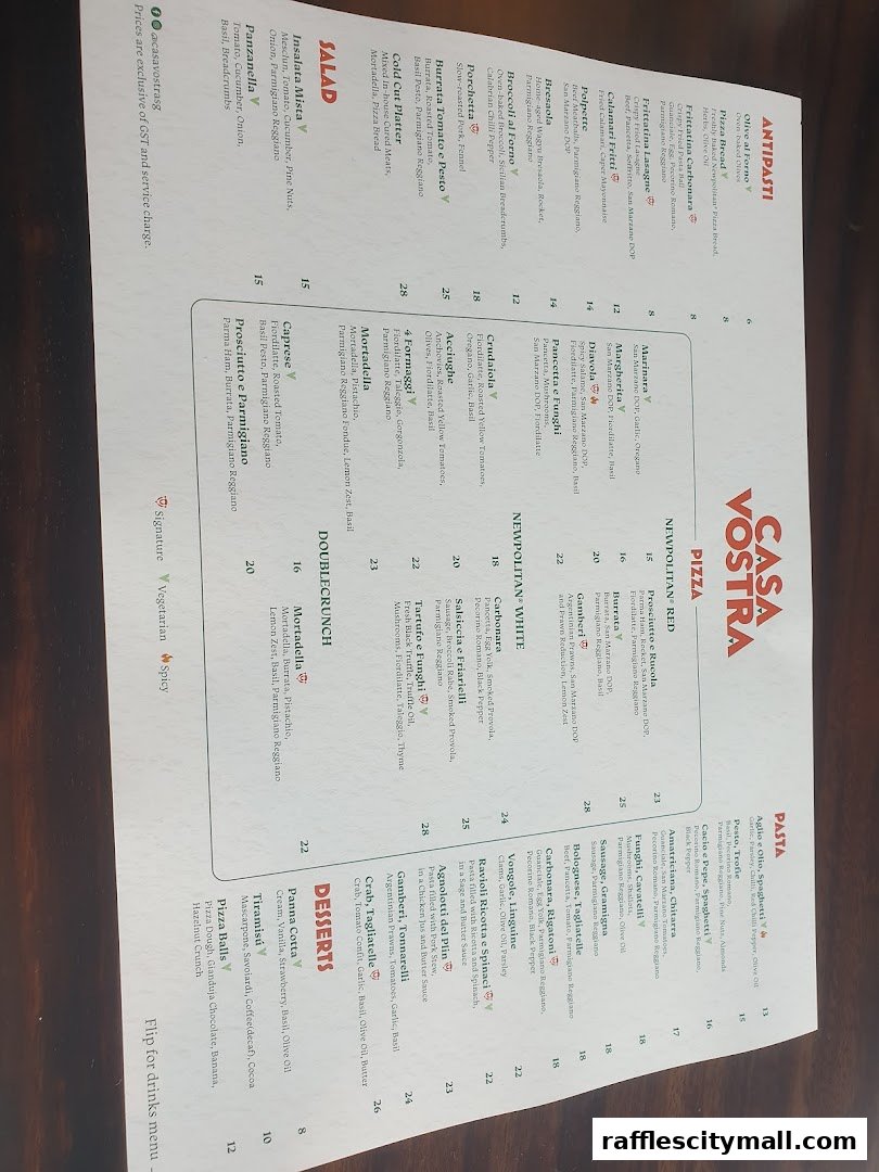 A menu from Casa Vostra featuring antipasti, pizza, pasta, salads, and desserts.