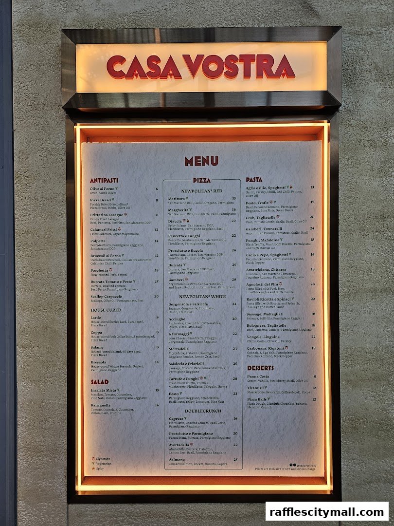 A menu board for Casa Vostra restaurant, displaying antipasti, pizza, pasta, and desserts.