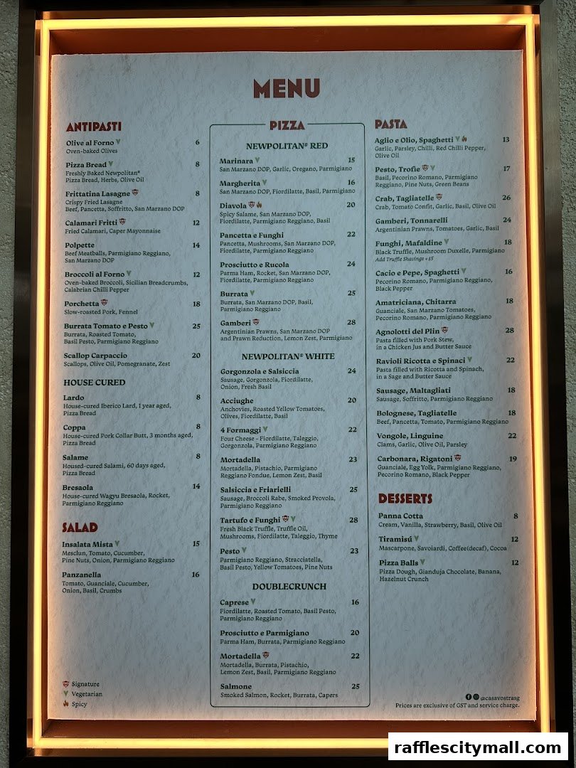 A menu for Casa Vostra restaurant featuring antipasti, pizza, pasta, and desserts.