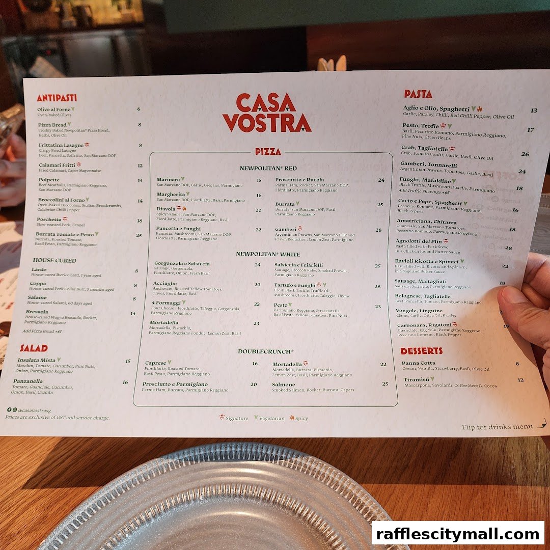 A menu from Casa Vostra featuring pizzas, pastas, antipasti, salads, and desserts.
