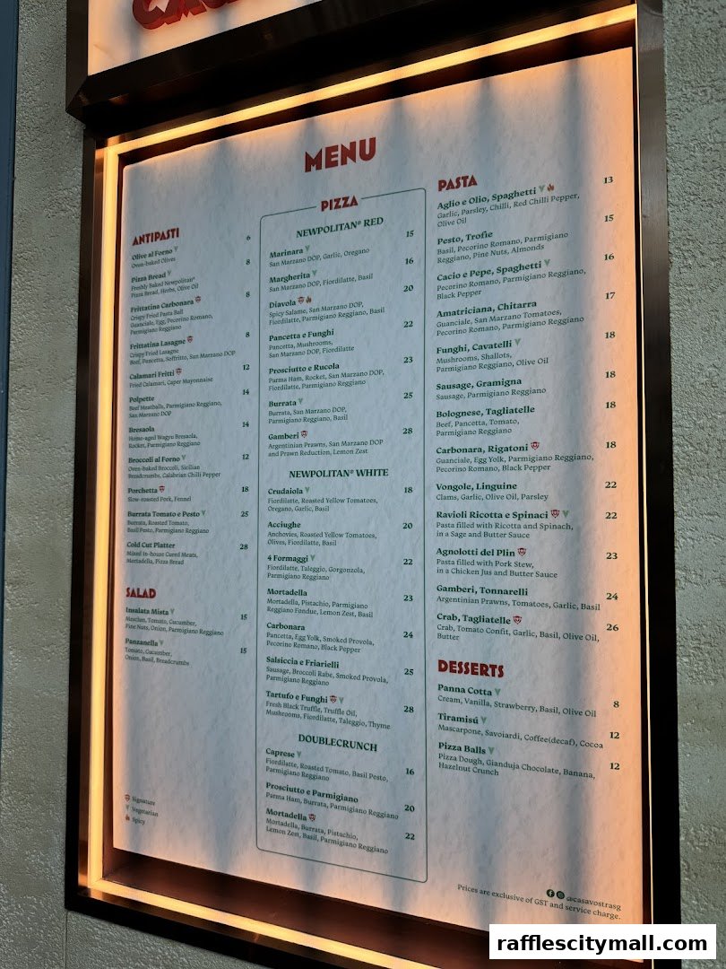 A brightly lit menu board displaying a variety of Italian dishes, including pizzas, pastas, and desserts.