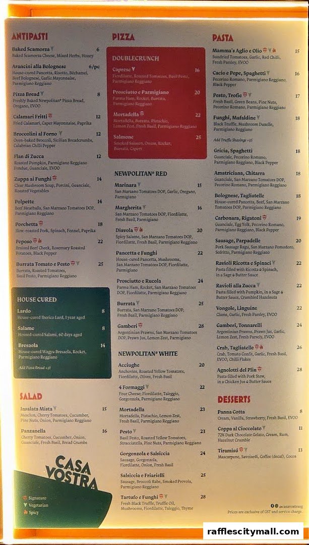A menu from Casa Vostra featuring antipasti, pizza, pasta, salad, and desserts.