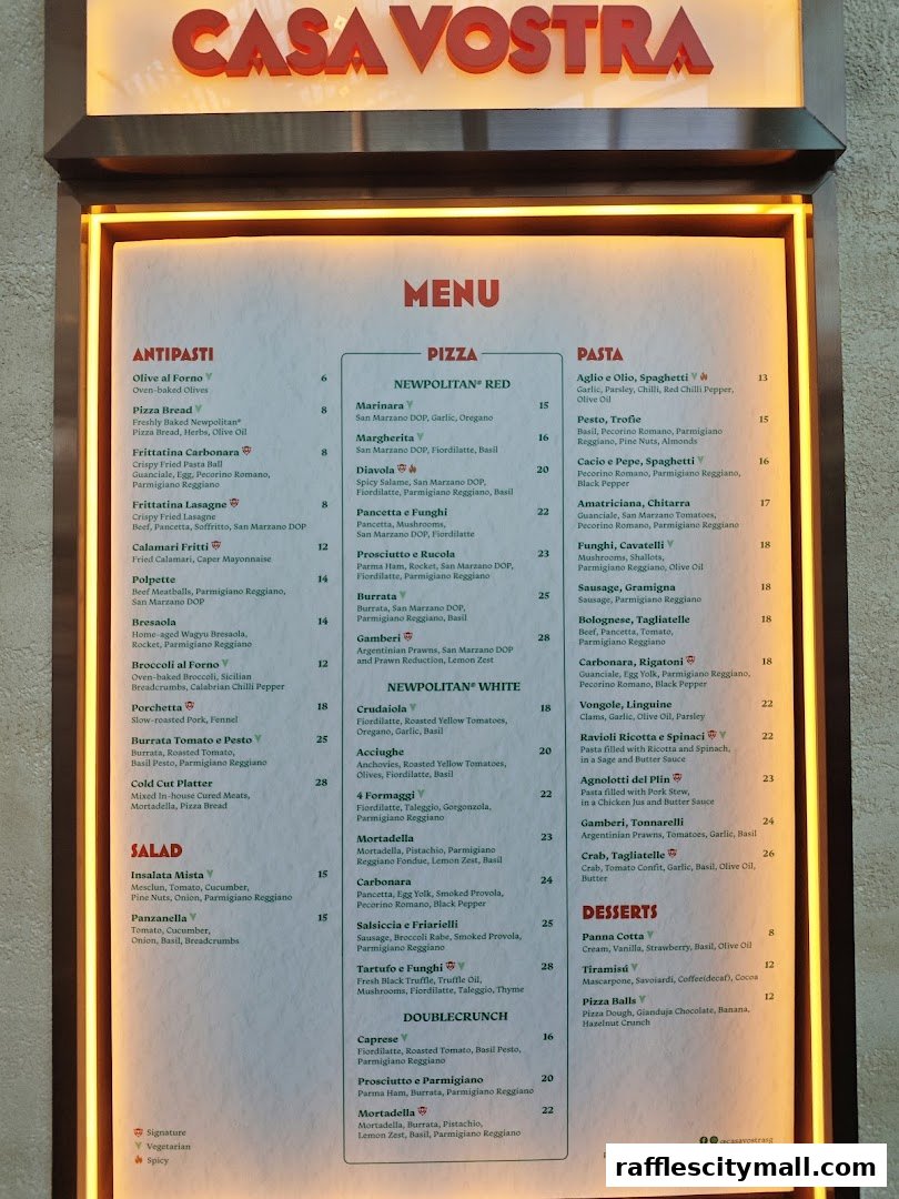 A menu for Casa Vostra, featuring pizzas, pastas, salads, and desserts.