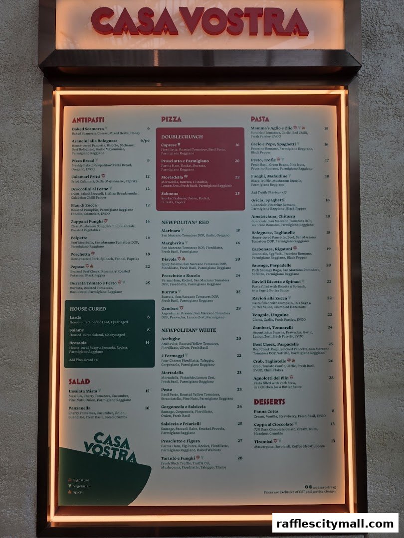 A brightly lit menu board for Casa Vostra, showcasing a variety of Italian dishes.