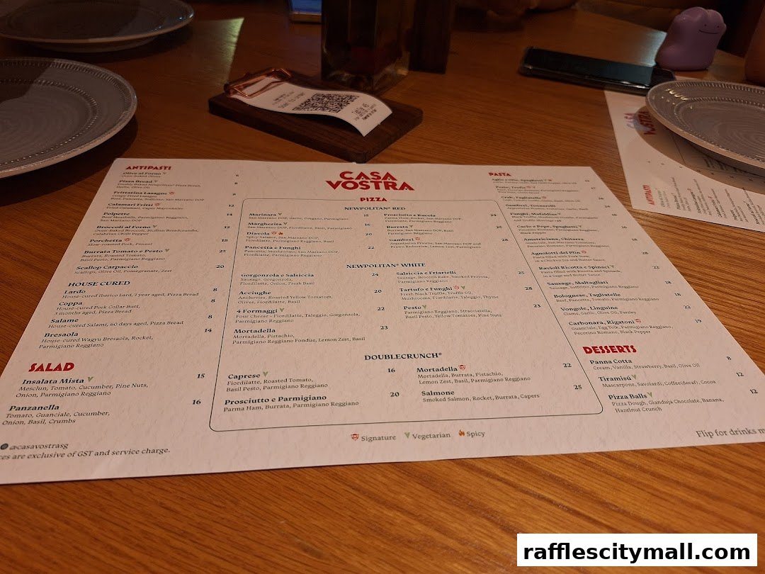 A menu from Casa Vostra restaurant with sections for Antipasti, Pizza, Pasta, and Desserts.