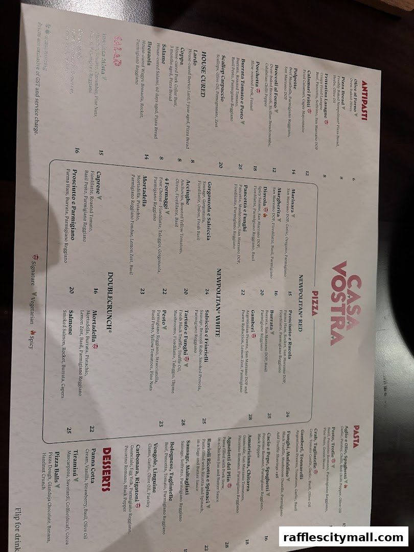 A menu from Casa Vostra restaurant featuring pizzas, pastas, antipasti, and desserts.