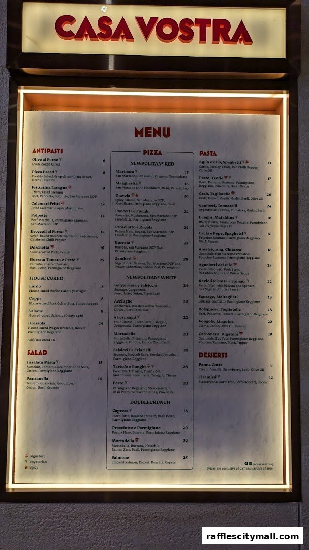 A brightly lit menu board for Casa Vostra, showcasing Italian dishes like pizza, pasta, antipasti, and desserts.