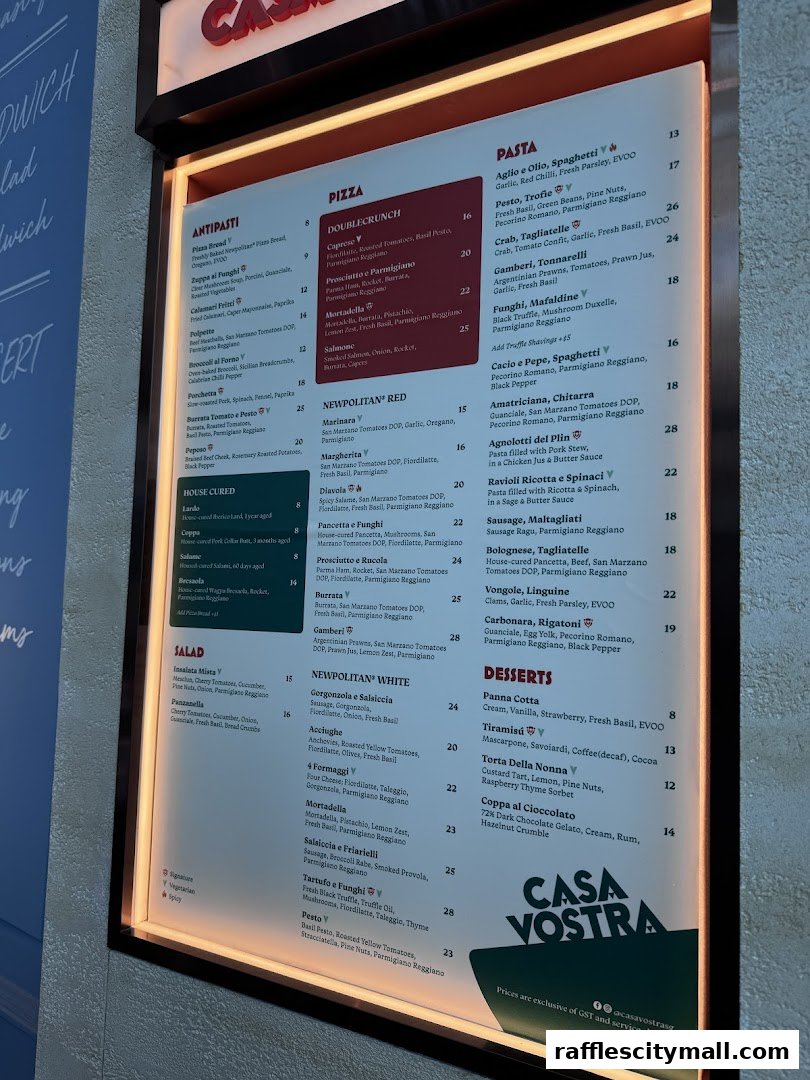 A brightly lit menu board for Casa Vostra, showcasing pizzas, pastas, antipasti, salads, and desserts.