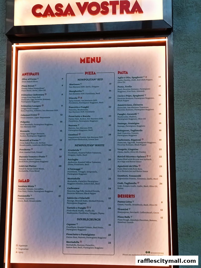 A menu for Casa Vostra, featuring antipasti, pizza, pasta, and desserts with prices.