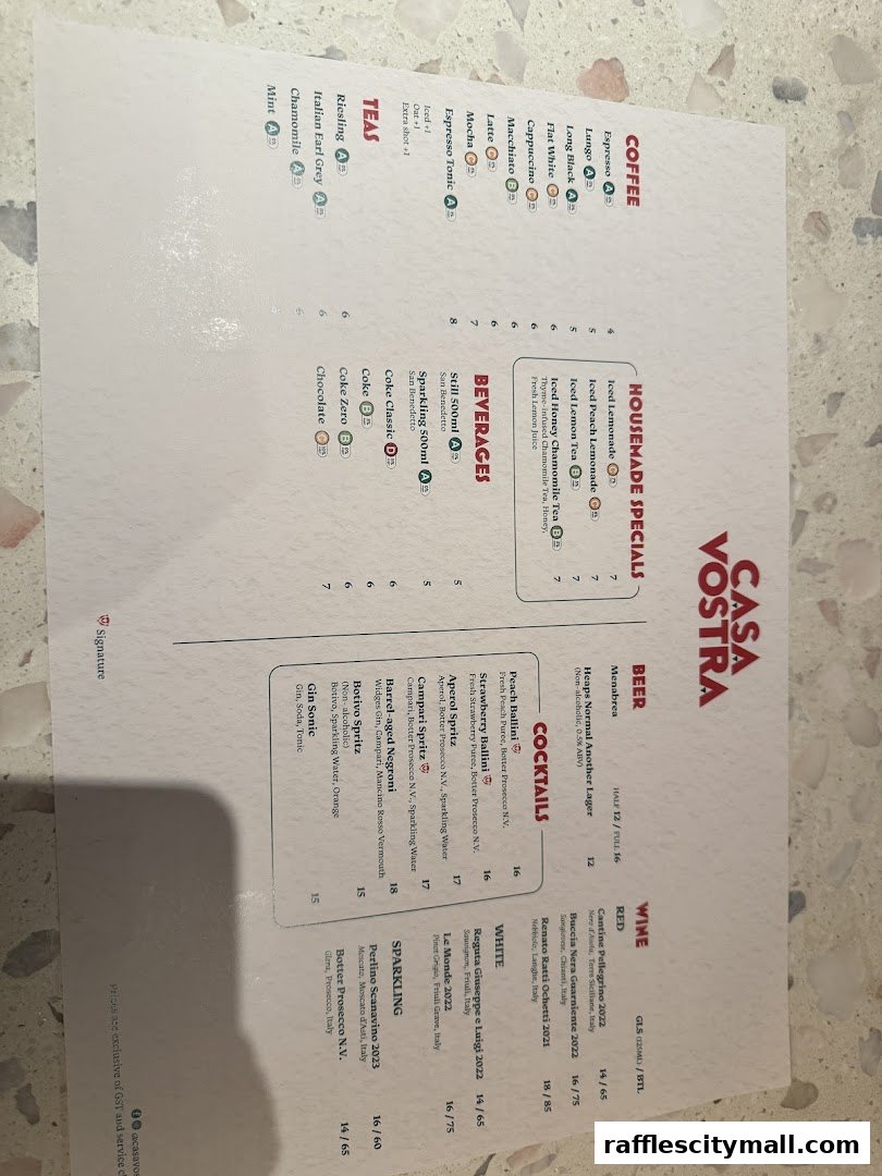 A menu from Casa Vostra featuring coffee, teas, beverages, cocktails, beer, wine, and sparkling options.