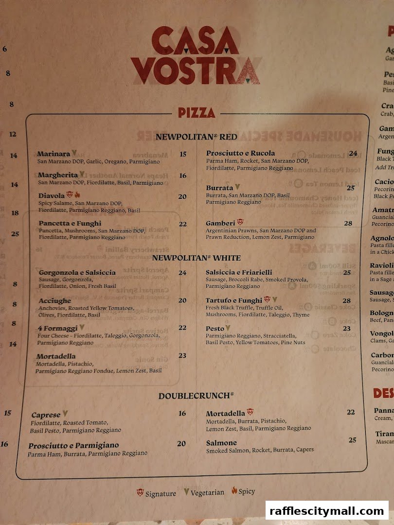 A menu from Casa Vostra featuring pizzas, with categories like Newpolitan Red and White.