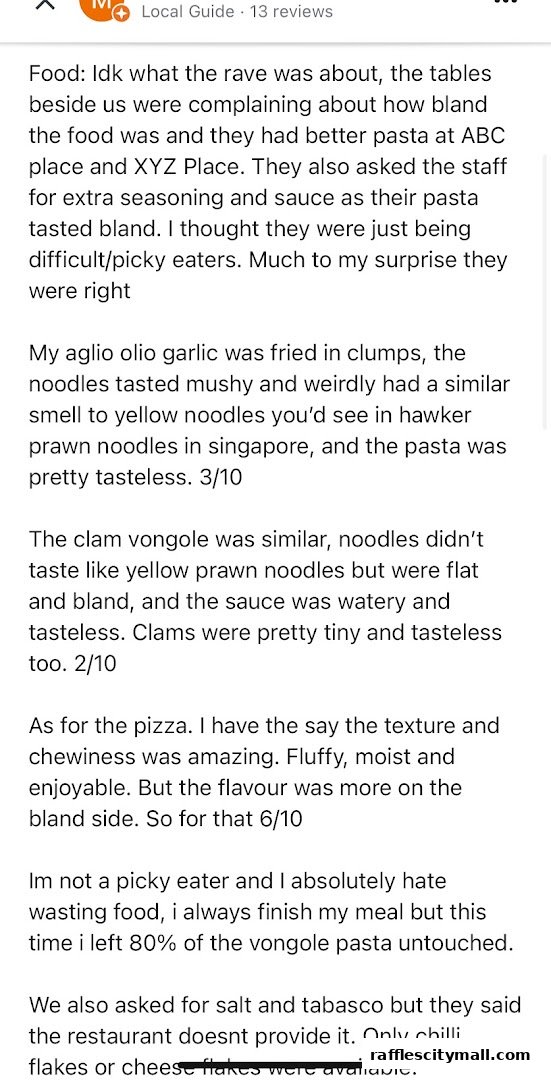 A review of a restaurant, discussing pasta and pizza dishes.