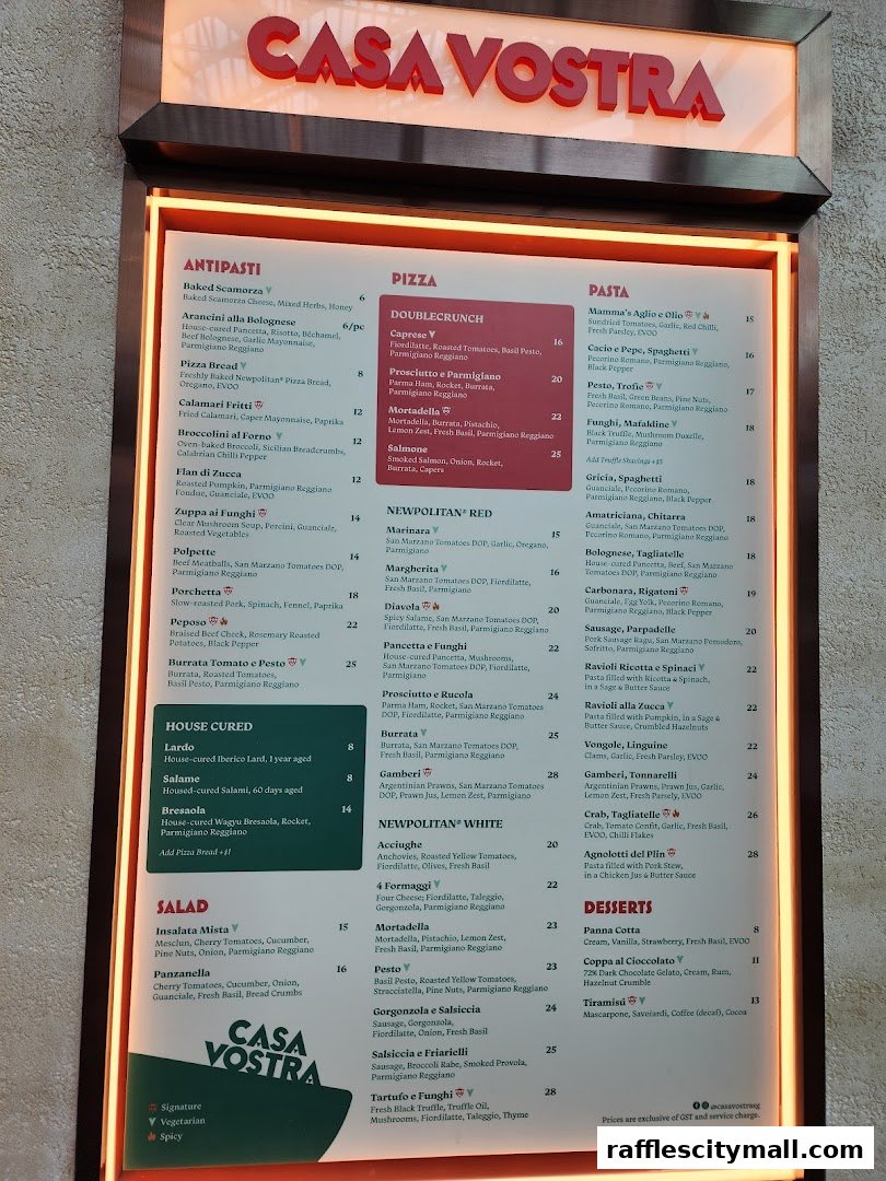 A menu board for Casa Vostra restaurant, featuring Italian dishes like pizza, pasta, antipasti, and desserts.