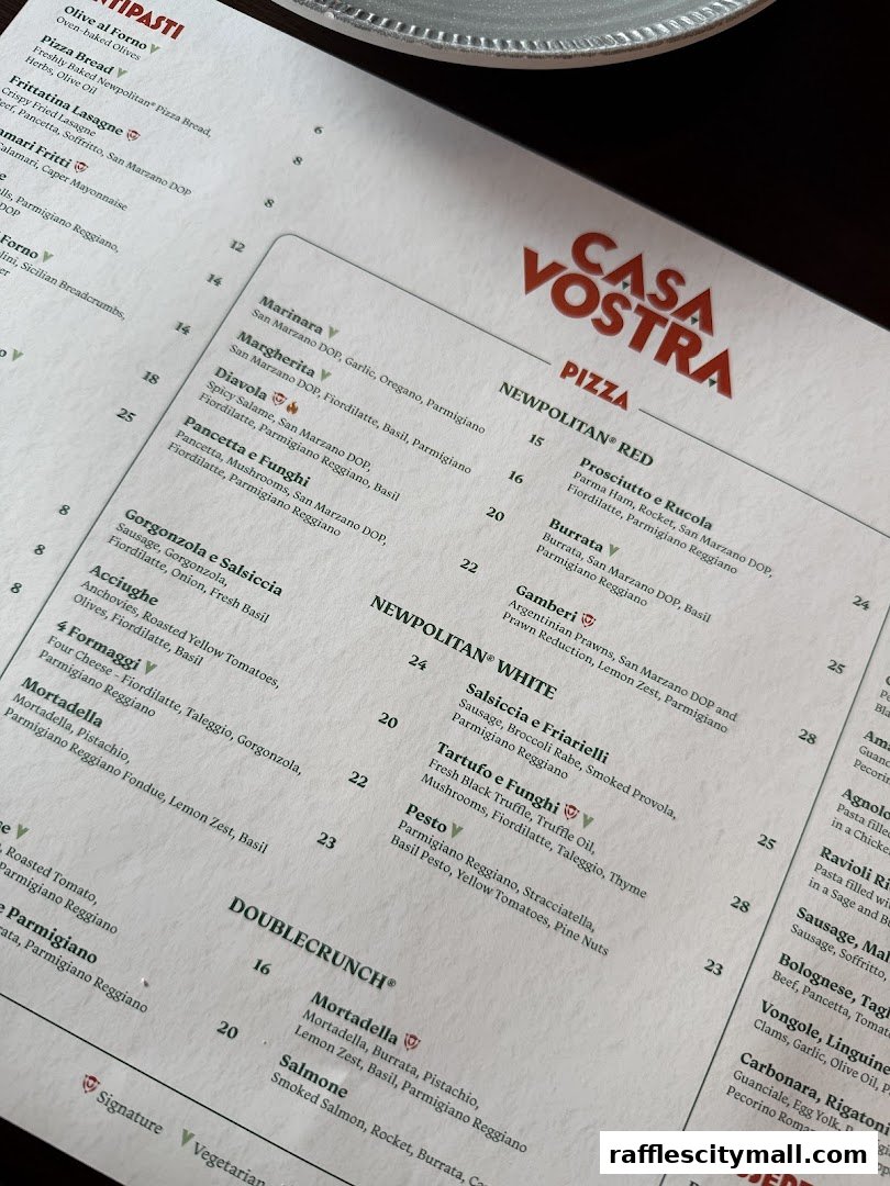 A close-up view of the Casa Vostra pizza menu, showcasing various pizza options and prices.