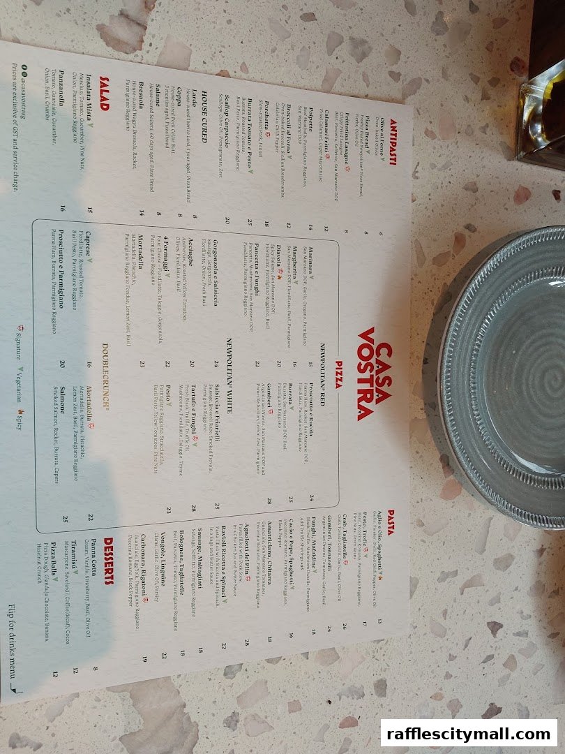A menu from Casa Vostra restaurant with various Italian dishes and prices.