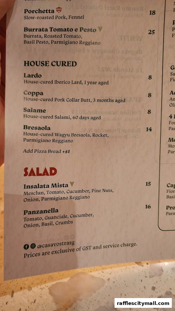 A menu from Casa Vostra featuring Italian dishes like Porchetta, Burrata, and Salads.