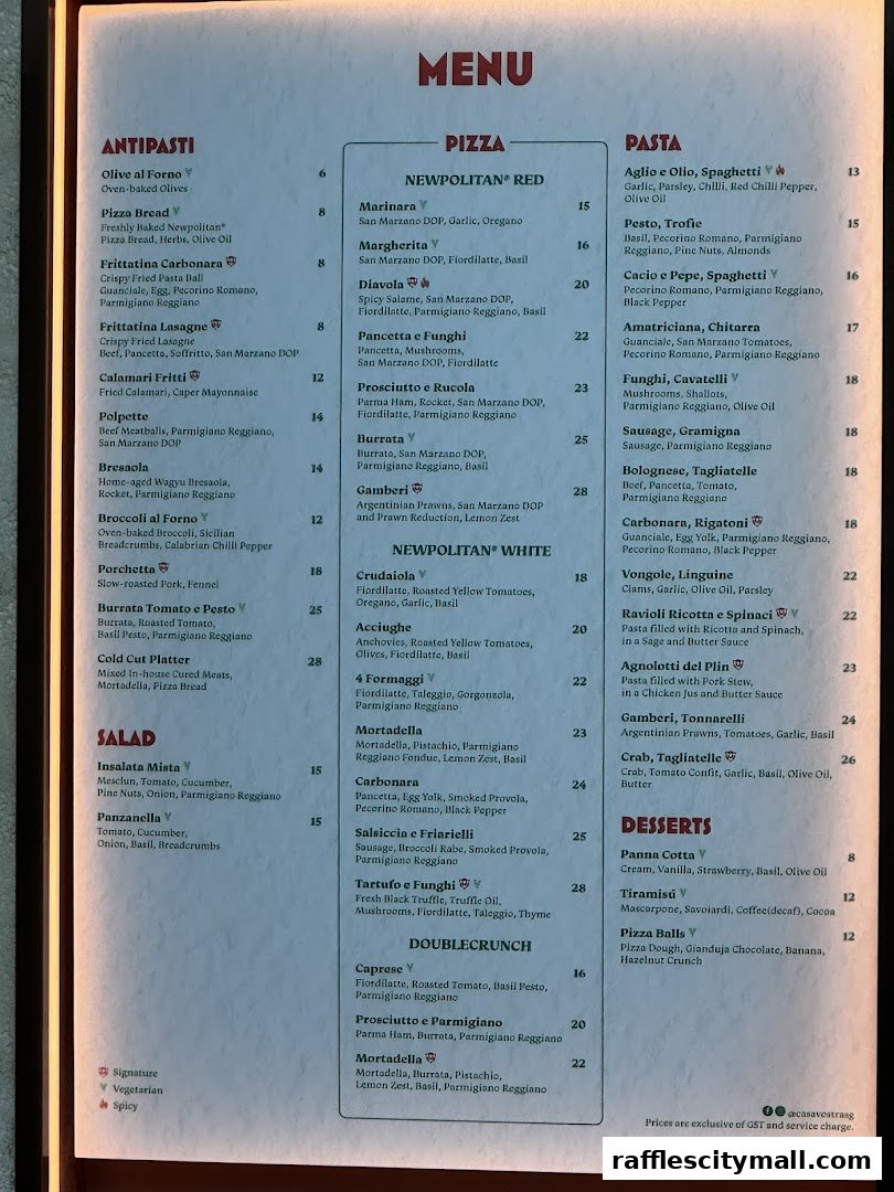 A menu from Casa Vostra featuring Antipasti, Pizza, Pasta, and Desserts with prices.