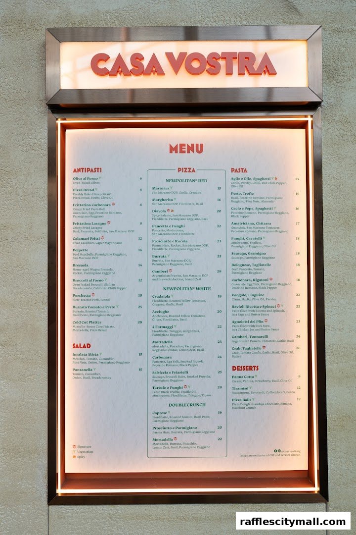 A menu board for Casa Vostra, featuring antipasti, pizza, pasta, and desserts.
