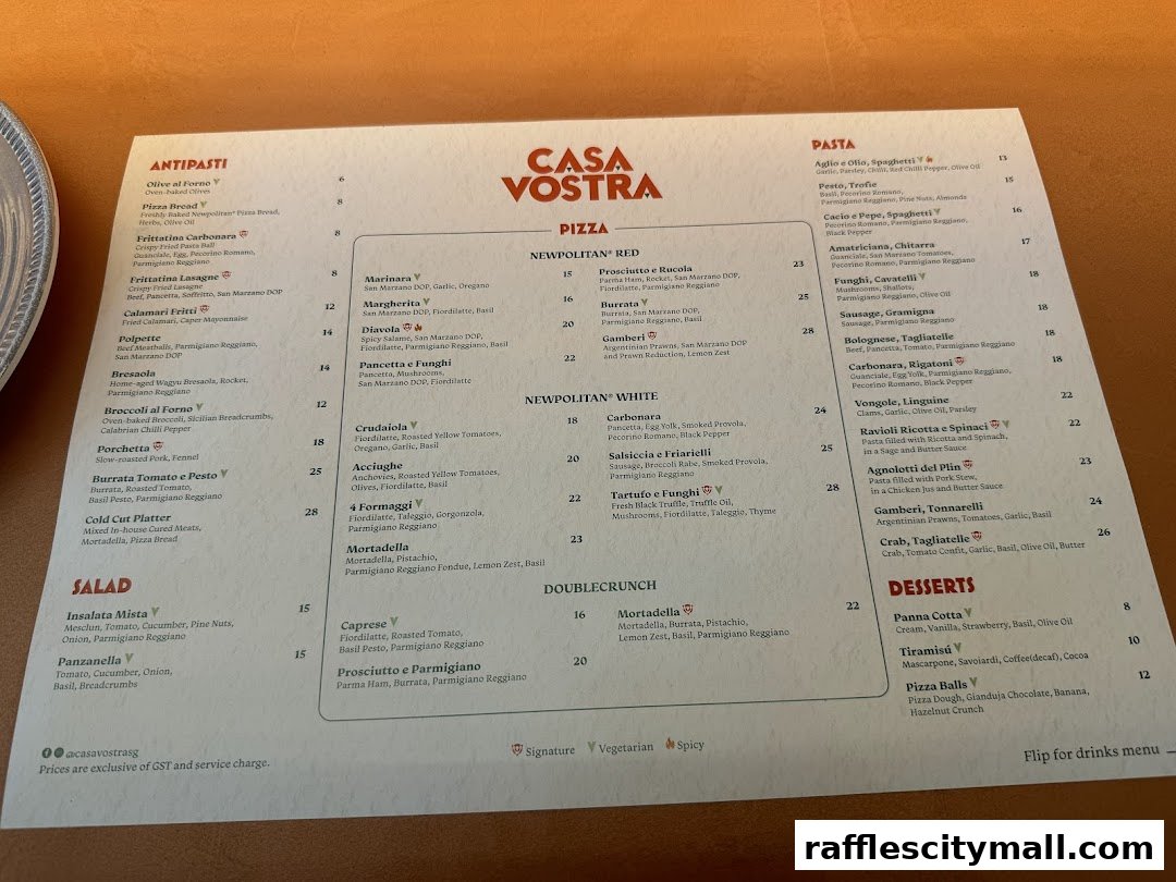 A menu from Casa Vostra featuring Antipasti, Pizza, Pasta, Salad, and Desserts.